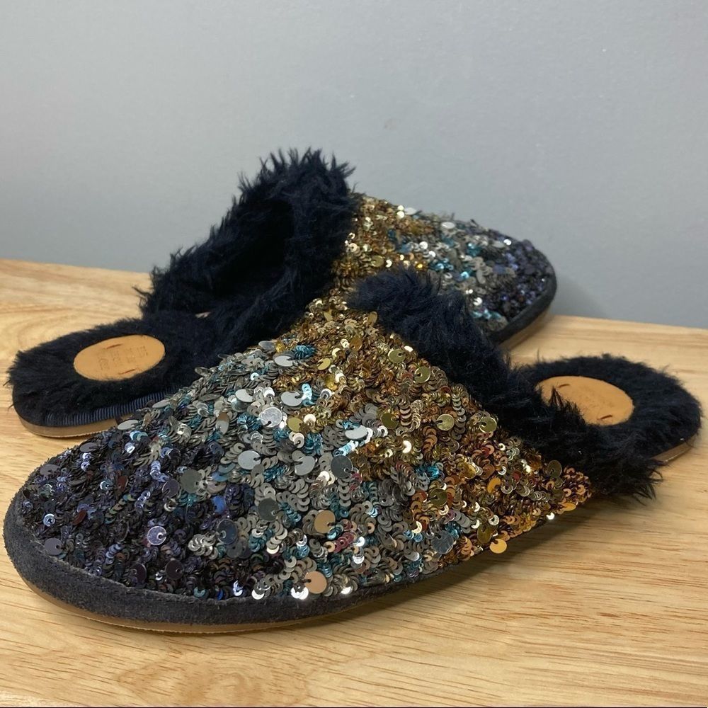 Far Away from Close x Anthropologie Blue & Gold Sequined Mule Slippers Women’s 7 - Picture 5 of 9